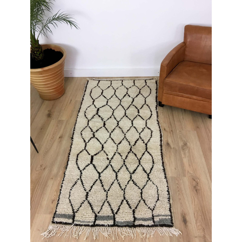 Tapis Beni Ouarain ancien écru, noir et gris