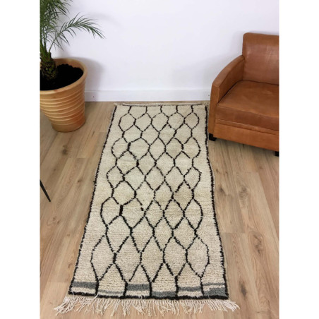 Tapis Beni Ouarain ancien écru, noir et gris