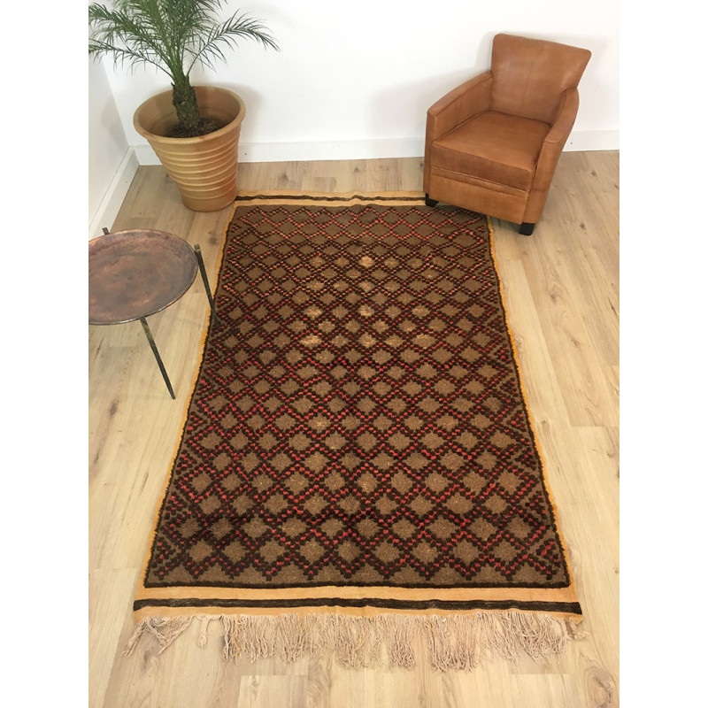 Ancien tapis berbère laine pure marron rouge